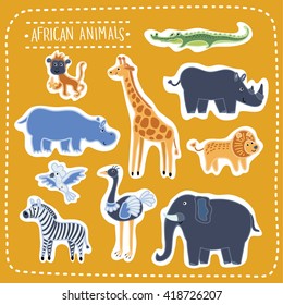 Vector set of illustration of cute funny african animals, beasts of savanna