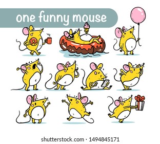 Vector set illustration of cute hand drawn mouse character isolated on white background. Happy mice with air balloon, donut, coffee, give present, jump. For nursery print, sticker, banners, logo etc.