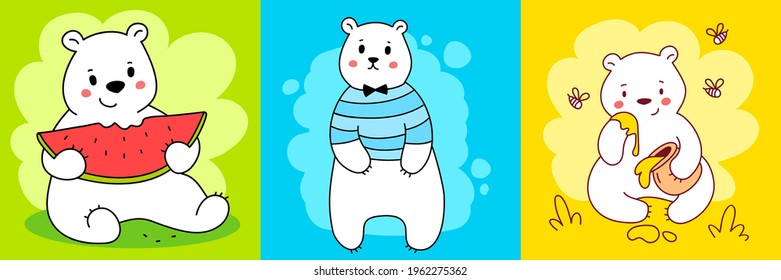 Vector set of illustration of cute happy line art bear character with different things on color background for card, print, tshirt