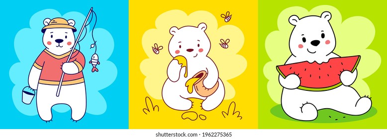 Vector Set Of Illustration Of Cute Happy Line Art Bear Character With Different Things On Color Horizontal Background