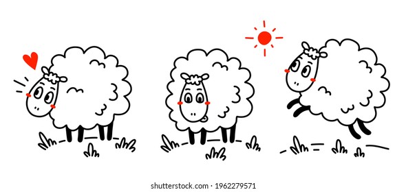 Vector set of illustration of cute happy line art sheep with curly wool in different pose on white color horizontal background