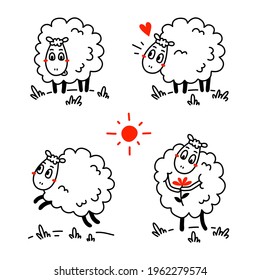 Vector set of illustration of cute happy line art sheep with curly wool in different pose on white color background