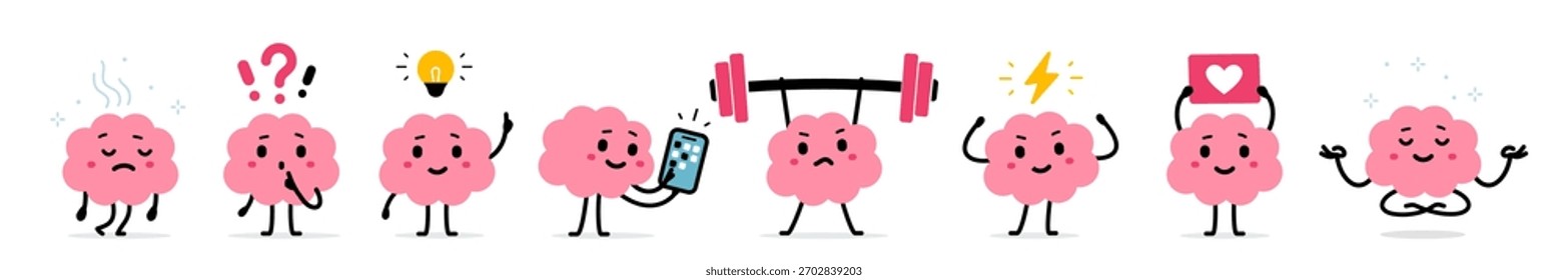 Conjunto de Vector de ilustración de personaje de cerebro feliz lindo en diferente pose sobre fondo de color blanco. Diseño plano del estilo del doodle de la colección del cerebro rosado fuerte e inteligente de la sonrisa para el Anuncio