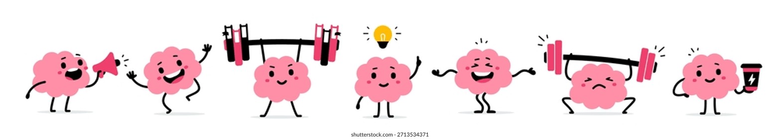 Vetor conjunto de ilustração de personagem feliz do cérebro bonito em pose diferente com barbell e megaphone. Design de estilo de doodle plano da coleção de cérebro rosa forte sorriso com café e lâmpada