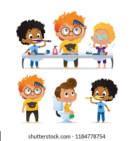 Conjunto vectorial de Ilustración de lindos niños multirraciales de kindergarten haciendo rutinas matutinas. Niño cepillado los dientes. Cute kindergarten Boy peina su pelo. Niño en el baño