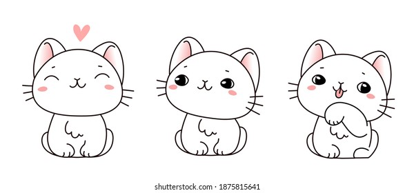 Conjunto vectorial de la ilustración del lindo gatito en diferente posición sobre fondo de color blanco