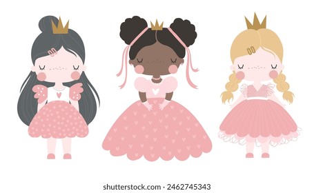 Conjunto de Vector ilustración de una linda niña princesa. Chica en vestido rosa con corona. Bebé. Reina. Señorita. Señora. Aislado sobre un fondo blanco. Vector dibujado a mano ilustración para niños. 