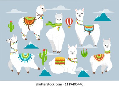 Vektorgrafik von süßen Lamas und Alpaca mit Kakteen, Bergen, Ballon und Wolken. Cartoon Lama-Zeichen-Illustrationen für Poster, Gruß, Geburtstagskarte. Cute Alpaca.