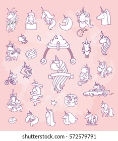 Vector set of illustration of cute magic unicorns with horn, mane, curls and ribbon on pink background. Thin flat line art design to make unicorn poster, invitation, greeting card, coloring for adults
