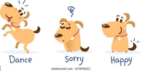 Vector set of illustration of cute orange color dog with collar in different pose and emotion on white background. Flat style design for web, site, banner, card, sticker, print