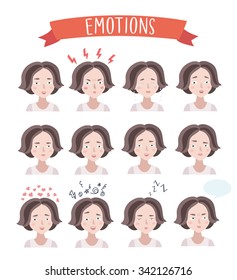 Vector set illustration of cute woman emotions portraits. States of mind

