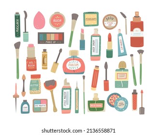 Vector set illustration of decorative cosmetics. Care and makeup products.