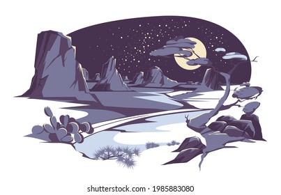 Vector set illustration of desert and night landscape with silhouettes of stones, mountains, hills, plants and cactuses. Cartoon Western scene under the moon. Night in Mexican desert.

