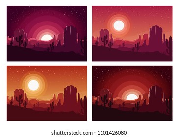 Vector set illustration of desert sunset landscape with mountains, hills, plants and cactuses. Cartoon Western scene in flat style. Mexican desert.