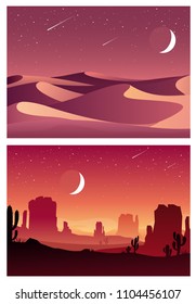 Vector set illustration of desert sunset and night landscape with  silhouettes of stones, mountains, hills, plants and cactuses. Cartoon Western scene under the moon. Night in Mexican desert.