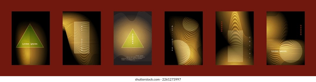 Vector set, illustration design of bright gold wave - wavy line pattern. Abstract motion of curve lines and light shiny effect. Element graphic design for banner template, cover, wallpaper background