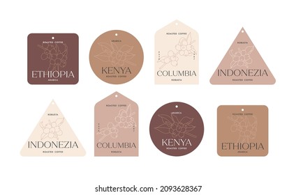 Vector set illustration design labels for coffee packages. Minimalistic and modern design with coffee beans branch.