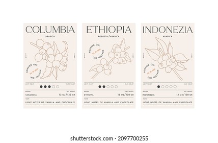 Vector set illustration design labels for coffee packages. Minimalistic and modern design with coffee beans branch.