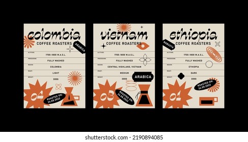 Etiquetas de diseño de ilustraciones de conjunto de vectores para paquetes de café. Diseño minimalista y moderno con rama de granos de café.