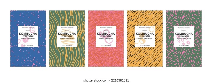 Vector set illustration design labels for kombucha with contemporary brushstroke seamless patterns