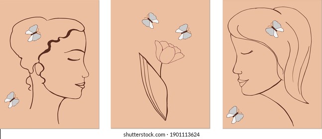 Vector set of illustration design templates with female faces in a minimalistic linear style. Portrait of a girl and butterflies. Abstract drawings for T-shirts, clothing, posters, web design, beauty 