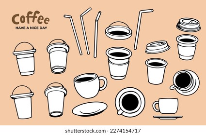 Vector set of illustration of different coffee cup with lid and straw on light color background. Black and white line art style design of takeout coffee cup for web, banner, poster, menu, card