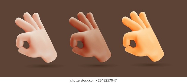 Vector set of illustration of different color hand gesture sign ok with finger on dark color background. 3d vector style diversity emoji design of man black and white skin hand for web, banner, poster