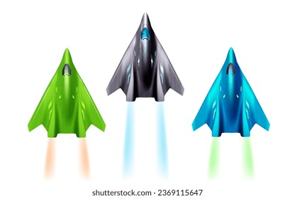 Conjunto vectorial de ilustración de un plano de aire de chorro de color diferente con trazos de llama sobre fondo blanco. Diseño 3d estilo avión volador con luz de color para web, sitio, banner, afiche