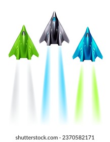 Vector set of illustration of different color flying air plane with color light on white background. 3d style design of jet air plane with flame trace for web, site, banner, poster