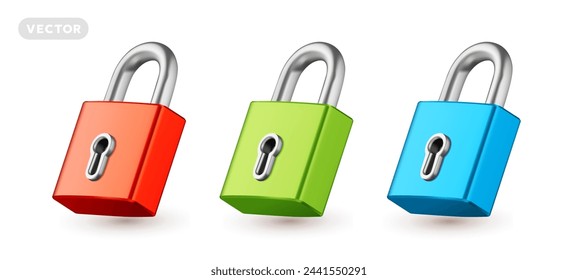 Vector set of illustration of different color closed lock on white background. 3d style design of metallic shine padlock for web, site, banner, poster