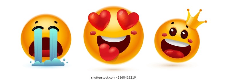 Vector set of illustration of different cry and happy yellow color smile emoticon with open mouth, tear, heart and crown on white background. 3d style design of fun laugh and cry emoji of social media