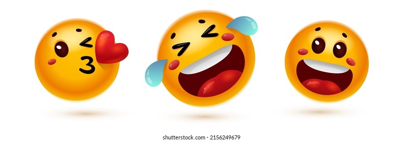 Vector set of illustration of different happy yellow color smile emoticon with open mouth, tear, heart and tongue on white background. 3d style design of fun laugh emoji for social media message