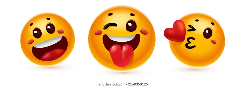 Vector set of illustration of different happy yellow color smile emoticon with open mouth, heart and tongue on white background. 3d style design of fun laugh emoji for social media message