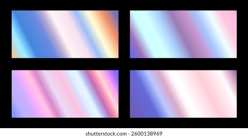 Vector set of illustration of different holographic textured gradation background. 3d realistic style design of shiny blue, yellow and purple metallic gradient with diagonal stripe background