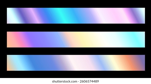 Vector set of illustration of different holographic textured gradation ribbon in frame. Background set. 3d realistic style design of shiny blue, yellow and purple metallic gradient background