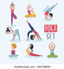 Vector Set of illustration of different kind of cartoon women doing yoga exercise svg