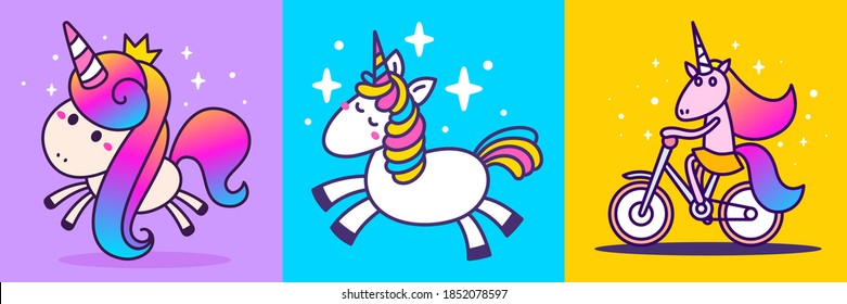 Vektorset zur Illustration verschiedener magischer Einhorn auf Farbhintergrund