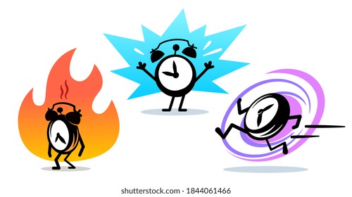 Vector set of illustration of different time, happy, fast running and burned out alarm clock character on white background