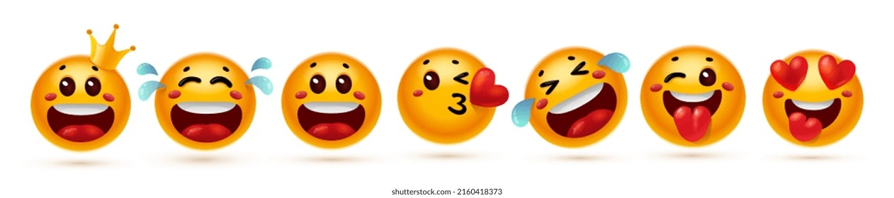 Vector set of illustration of different yellow color smile emoticon of social media message. Collection of smile sticker with crown, tear, heart. 3d style design of fun laugh emoji on white background