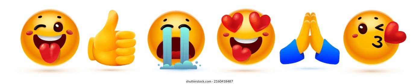 Vector set of illustration of different yellow color smile emoticon with heart and tear. Hand with thumb up and hand pray on white background. 3d style design of fun laugh emoji for social media