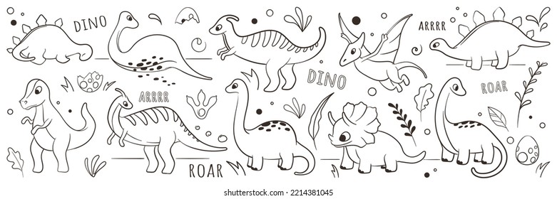 Vector set of illustration of dinosaurs in doodle style. Graphic illustration for kids design, decoration kids room, for pattern design. In line style. Coloring page.