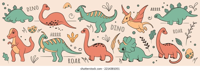 Vector set of illustration of dinosaurs in doodle style. Colorful illustration for decoration kids room, for pattern design, card, book decoration, print.