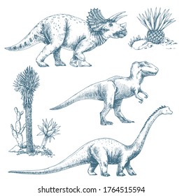 Vector set illustration dinosaurs and plants. line graphics. Tyrannosaurus, triceratops, brachiosaurus