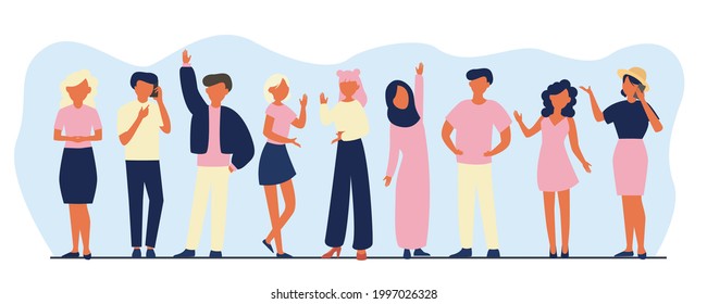 Vector set illustration of diverse cartoon women and men of various races. Crowd of cheerful young men and women holding smartphones, talking. Vector illustration isolated on white background.