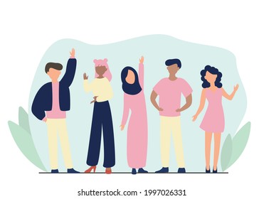 Vector set illustration of diverse cartoon women and men of various races. Crowd of cheerful young men and women holding smartphones, talking. Vector illustration isolated on white background.