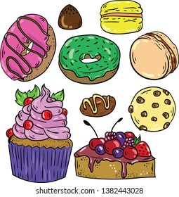 Vector set of illustration with donut, chocolate, candy, macaroon, cake, cupcake and cookie on white background.Good for printing. Postcard and logo elements. Cartoon hand drawn illustration.