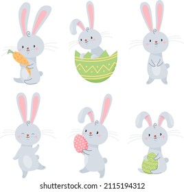 Vector set illustration for easter holiday. Cute hares are holding carrots and Easter eggs. Easter Bunnies.