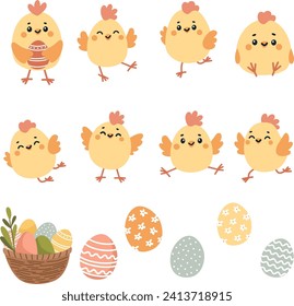 Vector set illustration for easter holiday. Cute Easter chickens, eggs and basket with Easter eggs 