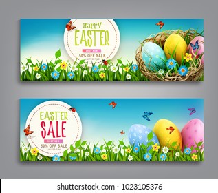 Vector set illustration. Easter vintage  sale banner, advertising round card with eggs lying in a wicker basket  and with green grass against the background of  blue sky. template discount posters