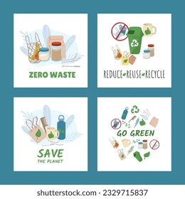 Vector set illustration Eco friendly design with recyclable and reusable products. Concept of Go green and save the world through sorting waste and use reusable stuff. No plastic, Zero waste.